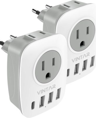 2 Pack European Travel Plug Adapter, VINTAR International Power Plug Adapter with 1 USB C, 2 American Outlets and 3 USB Ports, 6 in 1 Travel Essentials to Most of Europe Greece, Italy(Type C)